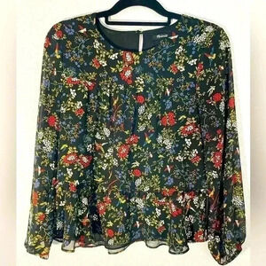 Madewell Finch Floral Ruffle Shirt Birds Black Chiffon Long Sleeve Blouse Top S